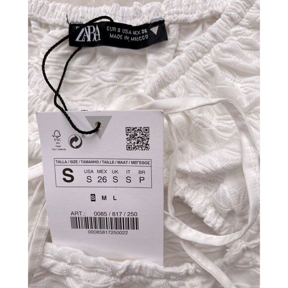 NWT Zara White V-Neckline Textured Tie Front Puff Short Sleeve Crop Top, Small - Picture 4 of 7